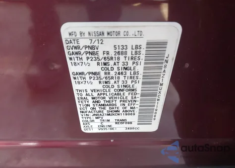 2012 Nissan Murano S from USA, damaged, VIN JN8AZ1MUXCW119869